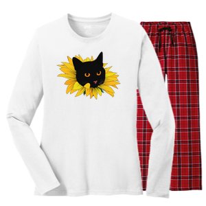 Black Sunflower Cat Cute Women's Long Sleeve Flannel Pajama Set 