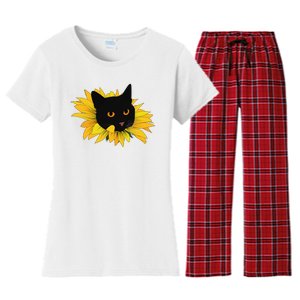 Black Sunflower Cat Cute Women's Flannel Pajama Set