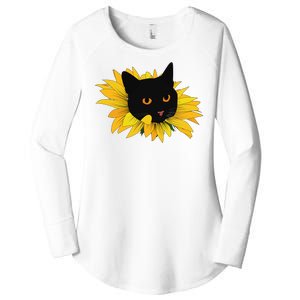 Black Sunflower Cat Cute Women's Perfect Tri Tunic Long Sleeve Shirt