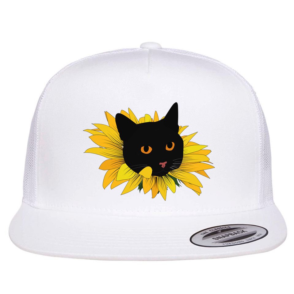 Black Sunflower Cat Cute Flat Bill Trucker Hat