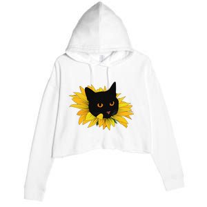 Black Sunflower Cat Cute Crop Fleece Hoodie