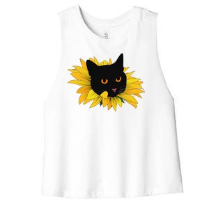 Black Sunflower Cat Cute Women's Racerback Cropped Tank