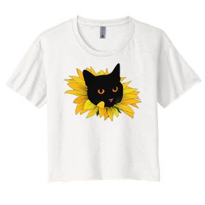 Black Sunflower Cat Cute Women's Crop Top Tee