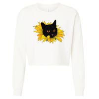 Black Sunflower Cat Cute Cropped Pullover Crew