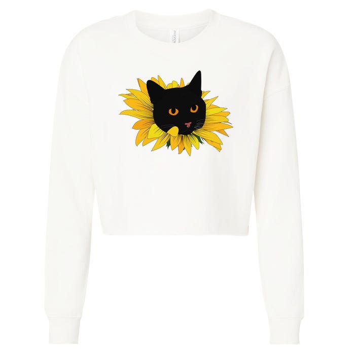 Black Sunflower Cat Cute Cropped Pullover Crew