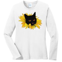 Black Sunflower Cat Cute Ladies Long Sleeve Shirt