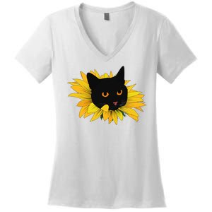 Black Sunflower Cat Cute Women's V-Neck T-Shirt