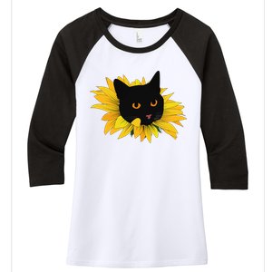 Black Sunflower Cat Cute Women's Tri-Blend 3/4-Sleeve Raglan Shirt