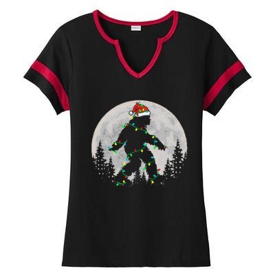 Bigfoot Santa Christmas Tree Lights Ladies Halftime Notch Neck Tee