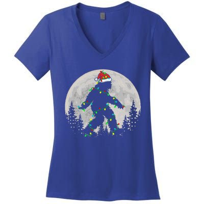 Bigfoot Santa Christmas Tree Lights Women's V-Neck T-Shirt