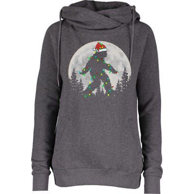 Bigfoot Santa Christmas Tree Lights Womens Funnel Neck Pullover Hood