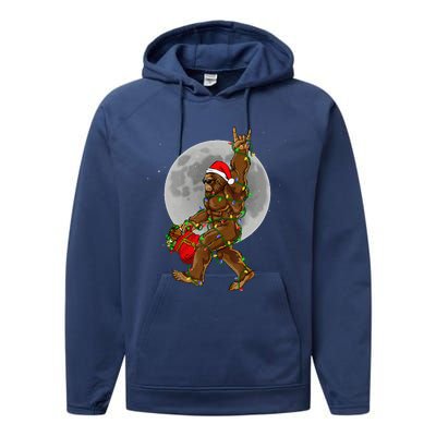 Bigfoot Santa Christmas Tree Lights Funny Xmas Sasquatch Performance Fleece Hoodie