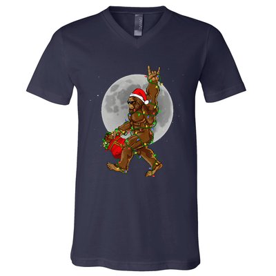 Bigfoot Santa Christmas Tree Lights Funny Xmas Sasquatch V-Neck T-Shirt