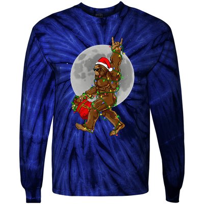 Bigfoot Santa Christmas Tree Lights Funny Xmas Sasquatch Tie-Dye Long Sleeve Shirt