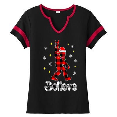 Bigfoot Santa Christmas Tree Xmas Sasquatch Rock And Roll Gift Ladies Halftime Notch Neck Tee