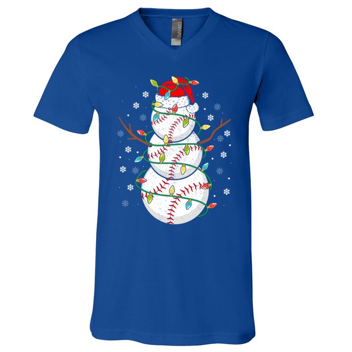 Baseball Snow Christmas Santa Hat Lights Snowflakes Xmas Cute Gift V-Neck T-Shirt