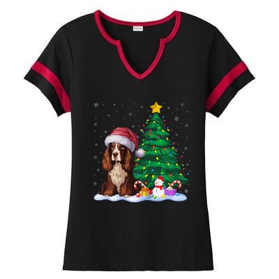 Boykin Spaniel Dog Xmas Tree Lights Reindeer Hat Christmas Ladies Halftime Notch Neck Tee