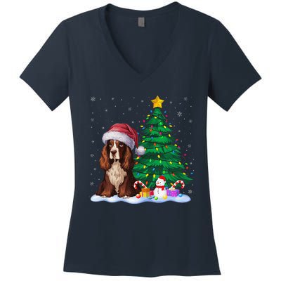 Boykin Spaniel Dog Xmas Tree Lights Reindeer Hat Christmas Women's V-Neck T-Shirt