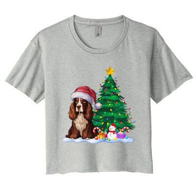 Boykin Spaniel Dog Xmas Tree Lights Reindeer Hat Christmas Women's Crop Top Tee