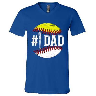 Baseball Softball Dad Best Softball Baseball Dad Funny Gift V-Neck T-Shirt