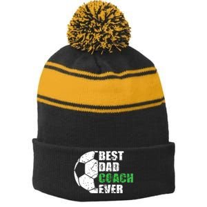 Best Soccer Dad Coach Ever Retro Father Soccer Coach Dad Stripe Pom Pom Beanie