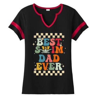 Best Swim Dad Ever Retro Groovy Gift Swimming Dad Gift Ladies Halftime Notch Neck Tee