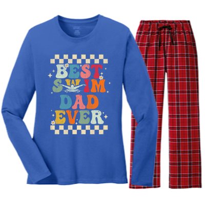 Best Swim Dad Ever Retro Groovy Gift Swimming Dad Gift Women's Long Sleeve Flannel Pajama Set 