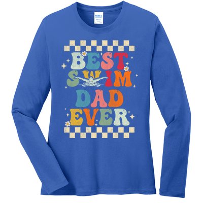 Best Swim Dad Ever Retro Groovy Gift Swimming Dad Gift Ladies Long Sleeve Shirt