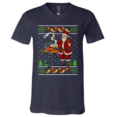 Bbq Santa Dad Gift Kebobs Grill Food Ugly Christmas V-Neck T-Shirt