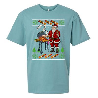 Bbq Santa Dad Gift Kebobs Grill Food Ugly Christmas Sueded Cloud Jersey T-Shirt