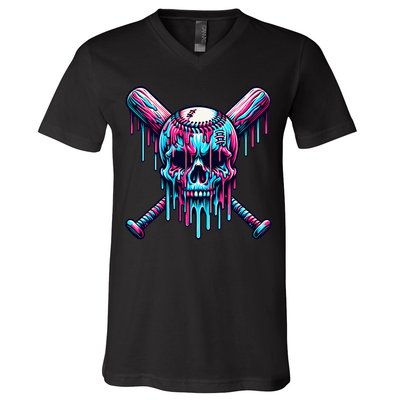 Baseball Skull Drip Baseball Drip Baseball Ice Cream Drip V-Neck T-Shirt