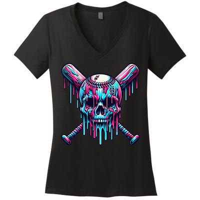 Baseball Skull Drip Baseball Drip Baseball Ice Cream Drip Women's V-Neck T-Shirt