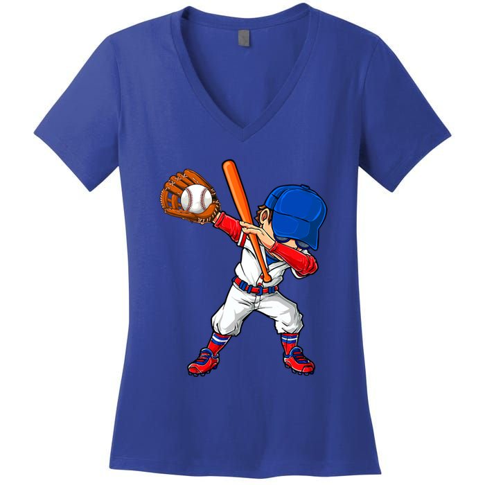 Baseballer Sports Dabbing Baseball Player Dad Gift Women's V-Neck T-Shirt