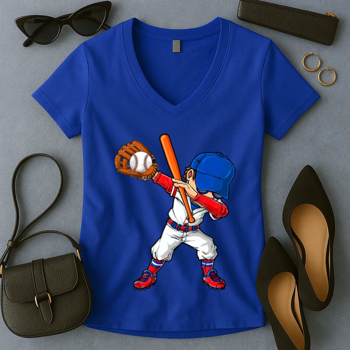 Baseballer Sports Dabbing Baseball Player Dad Gift Women's V-Neck T-Shirt