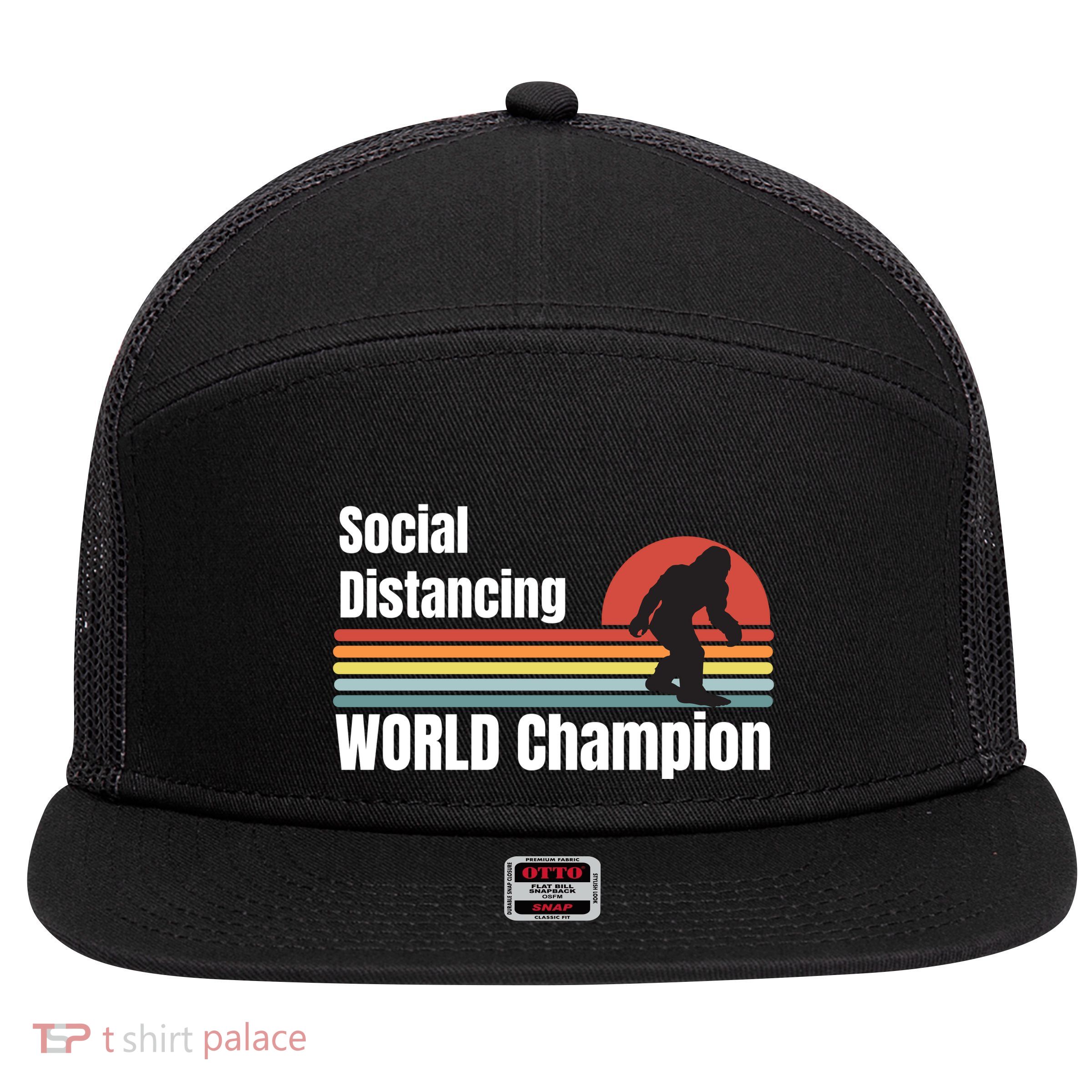 Bigfoot Social Distancing Champion, Funny Bigfoot Meme 7 Panel Mesh Trucker Snapback Hat