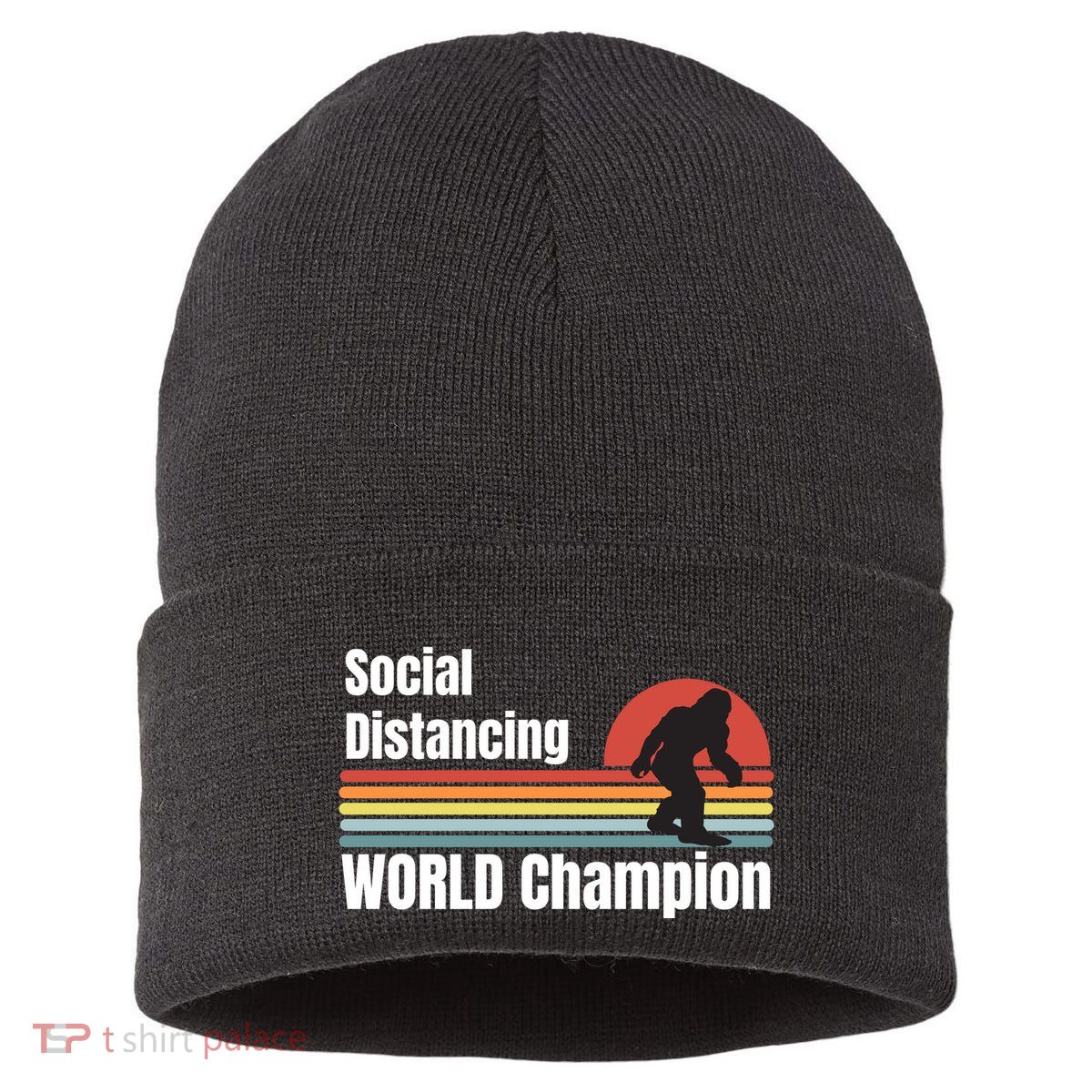 Bigfoot Social Distancing Champion, Funny Bigfoot Meme Sustainable Knit Beanie