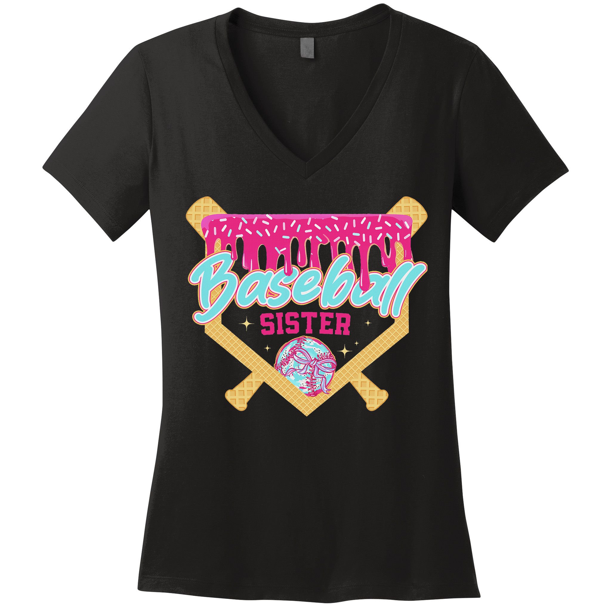 Baseball Sister Drip Ice Cream Baseball Game Day Women's V-Neck T-Shirt