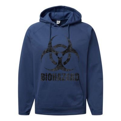 Biohazard Symbol Distressed Weathered Look Halloween Fun Performance Fleece Hoodie