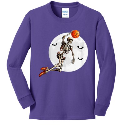 Basketball Skeleton Dunk Basketball Player Halloween Moon Kids Long Sleeve Shirt