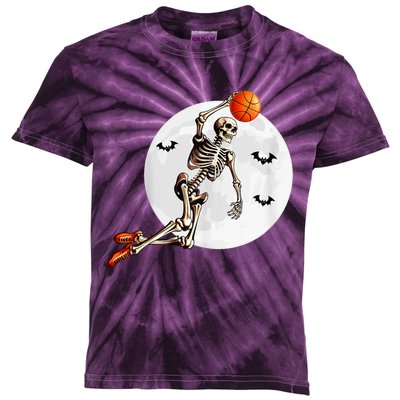 Basketball Skeleton Dunk Basketball Player Halloween Moon Kids Tie-Dye T-Shirt