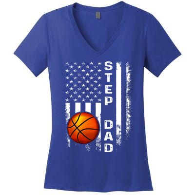 Basketball Step Dad American Flag Vintage Christmas Xmas Gift Women's V-Neck T-Shirt