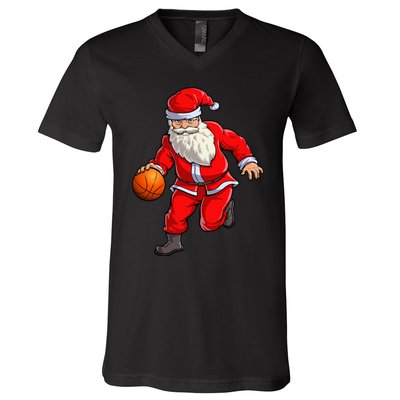 Basketball Santa Dribble Ball Christmas Sports Xmas V-Neck T-Shirt