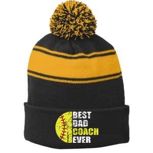 Best Softball Dad Coach Ever Retro Father Softball Coach Dad Stripe Pom Pom Beanie