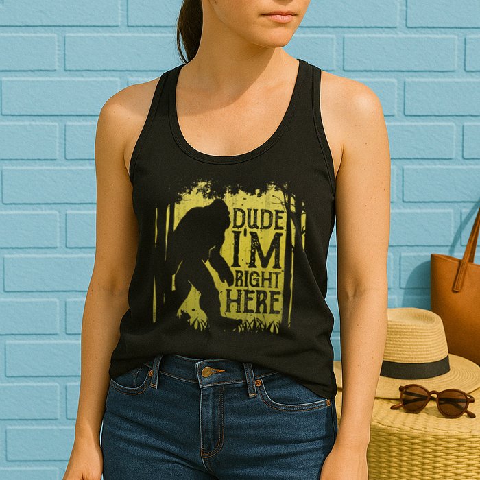 Bigfoot Sasquatch Dude I'm Right Here Funny Men Vintage Womens Tank Top