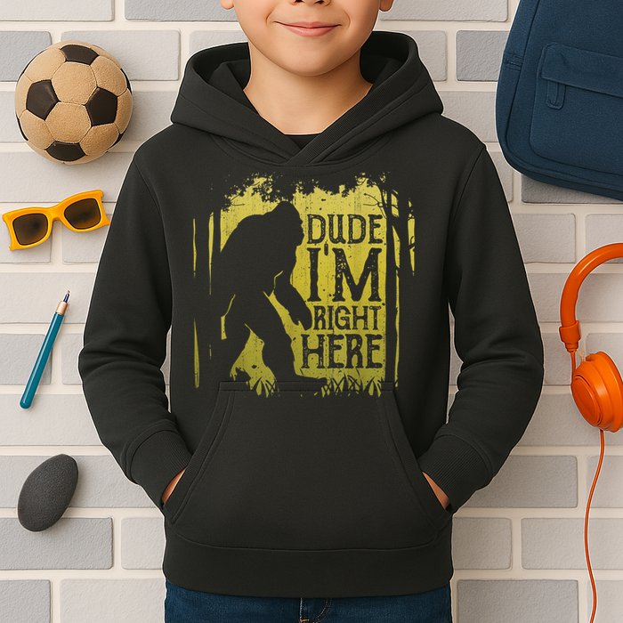 Bigfoot Sasquatch Dude I'm Right Here Funny Men Vintage Kids Hoodie