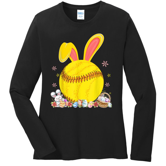 Bunny Softball Easter Eggs Softball Player Easter Day Ladies Long Sleeve Shirt