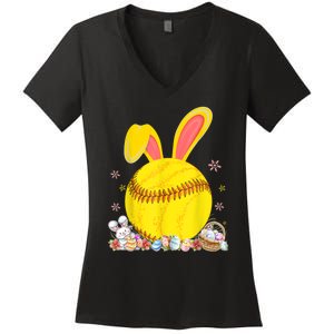 Bunny Softball Easter Eggs Softball Player Easter Day Women's V-Neck T-Shirt