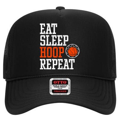 Basketball Saying - Eat Sleep Hoop Repeat High Crown Mesh Back Trucker Hat