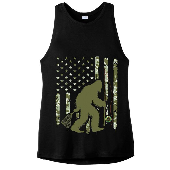 Bigfoot Sasquatch Fly Fishing American Flag Camo Vintage Ladies PosiCharge Tri-Blend Wicking Tank