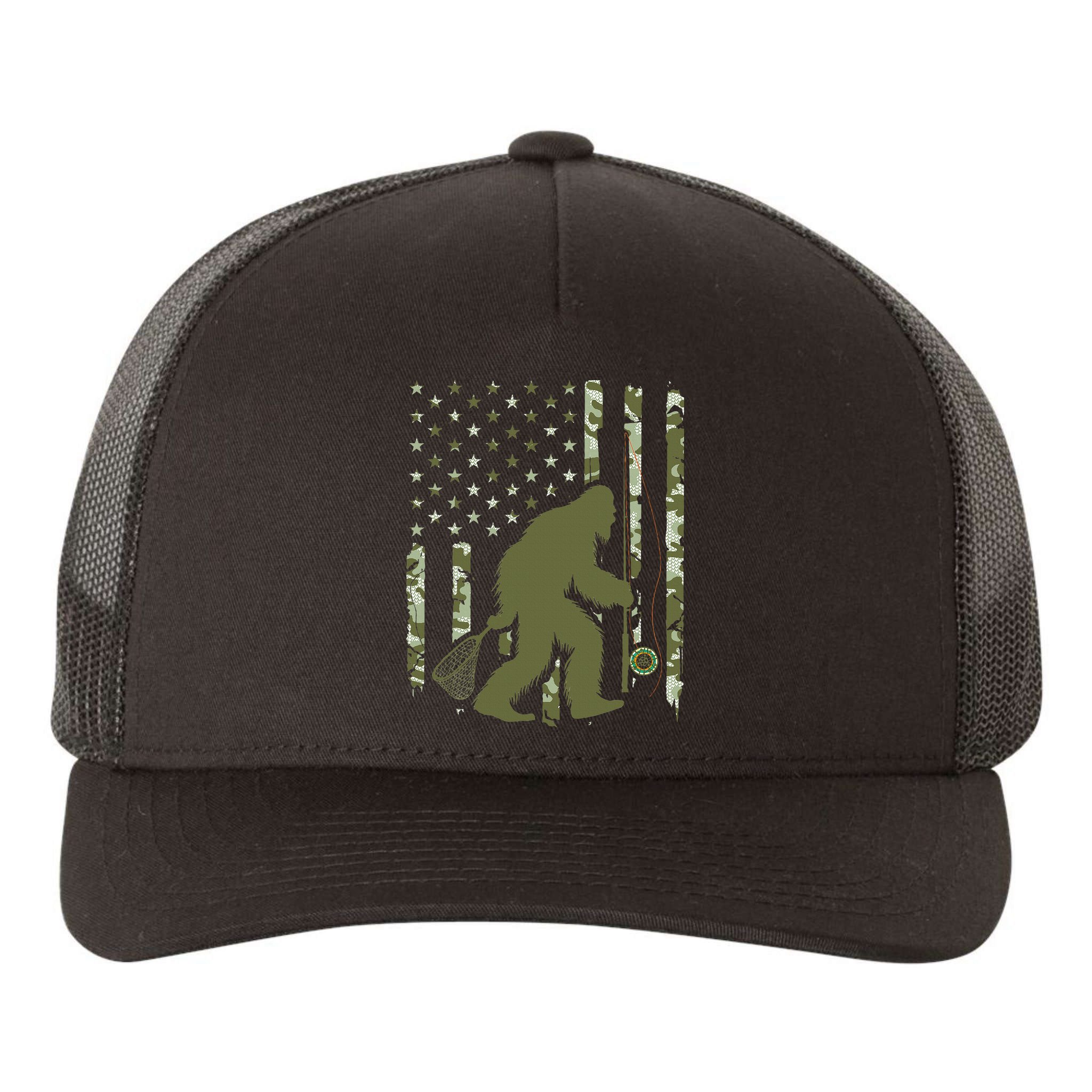 Bigfoot Sasquatch Fly Fishing American Flag Camo Vintage Yupoong Adult 5-Panel Trucker Hat